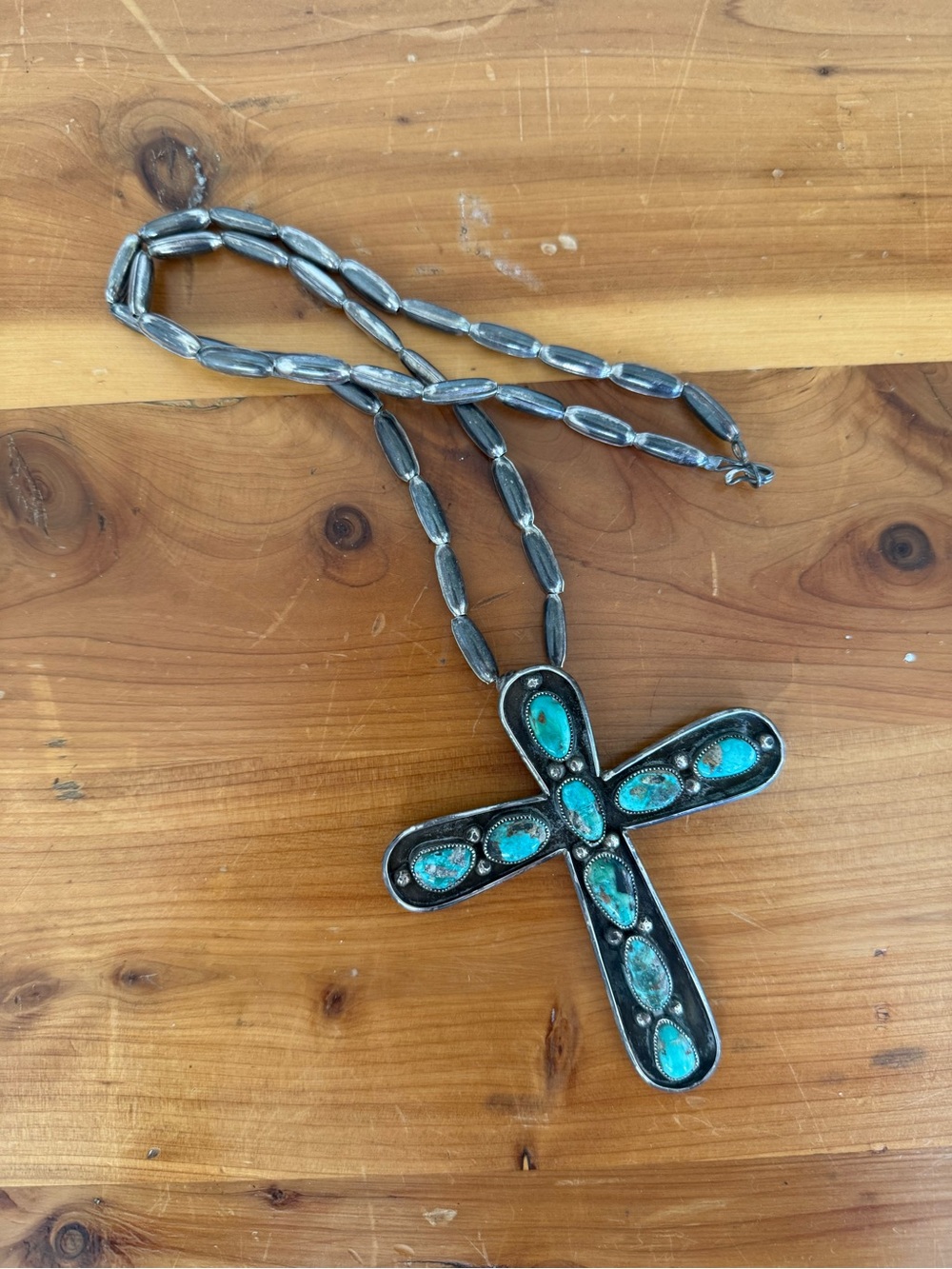 Vintage Sterling Silver & Turquoise Cross Pendant Necklace